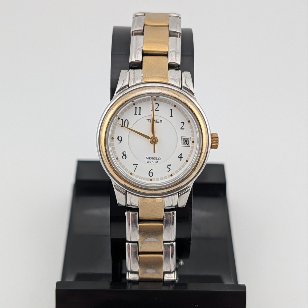 Timex Indiglo Two Tone Date Women's Watch White Stepped‎ Dial WR50M